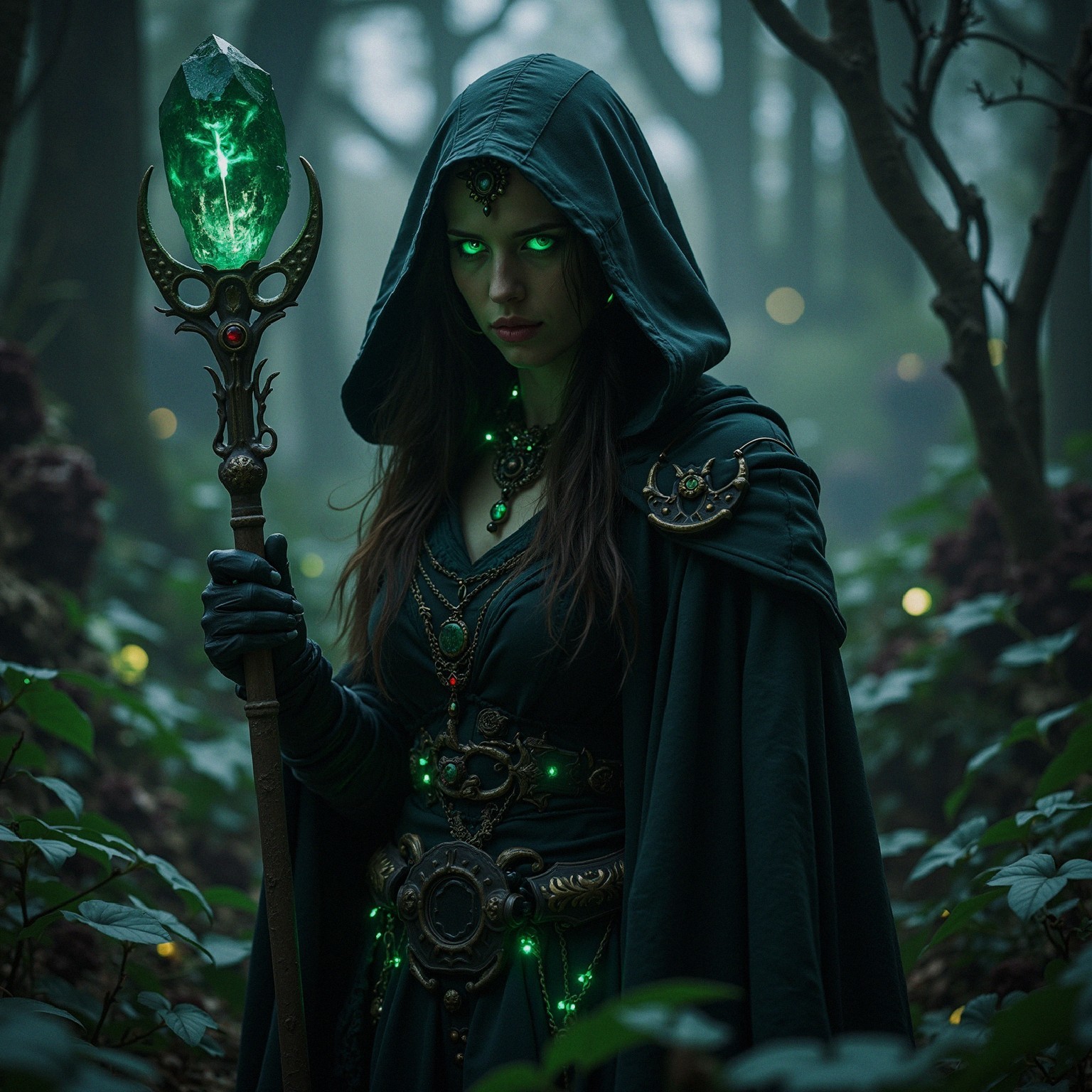 Mysterious Figure in Green Cloak in Foggy Forest