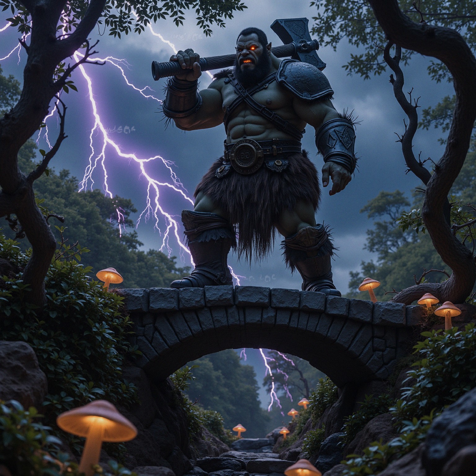Orc Warrior on Stone Bridge with Stormy Background