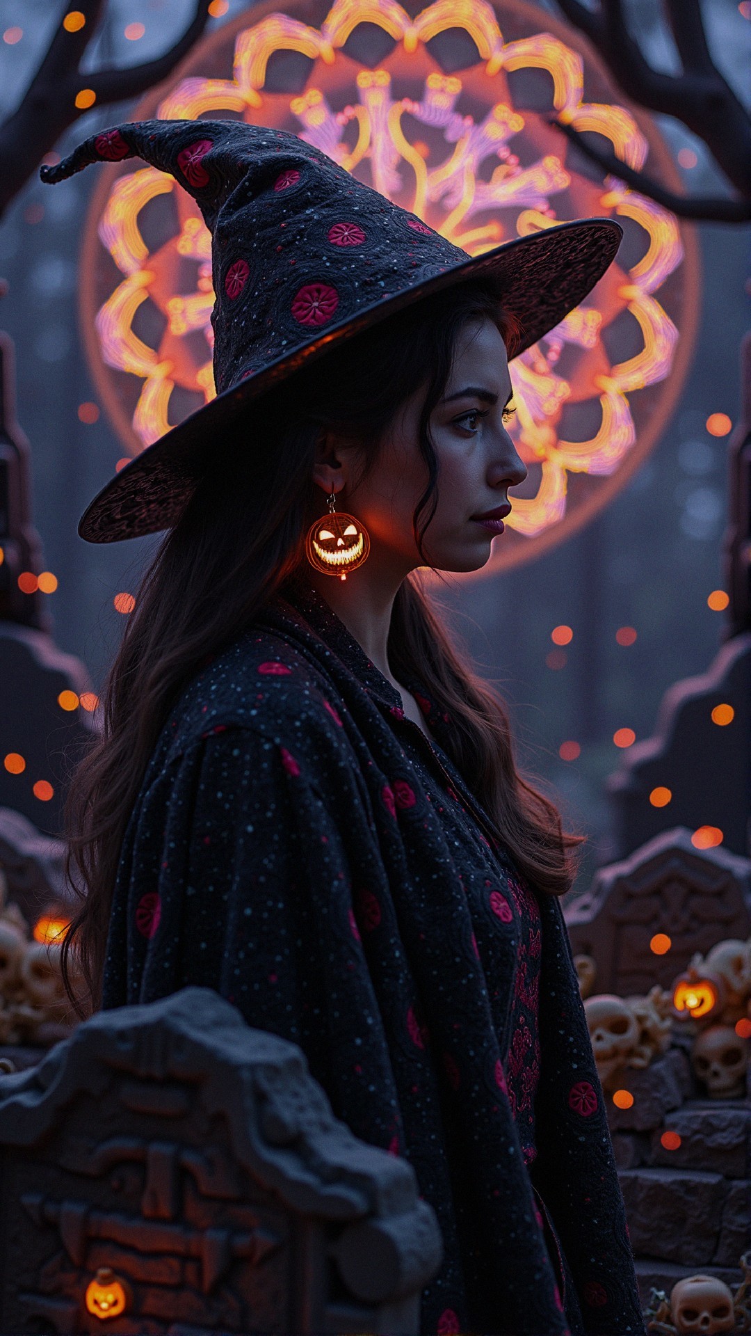 Young woman in witch's hat with glowing pumpkin earrings