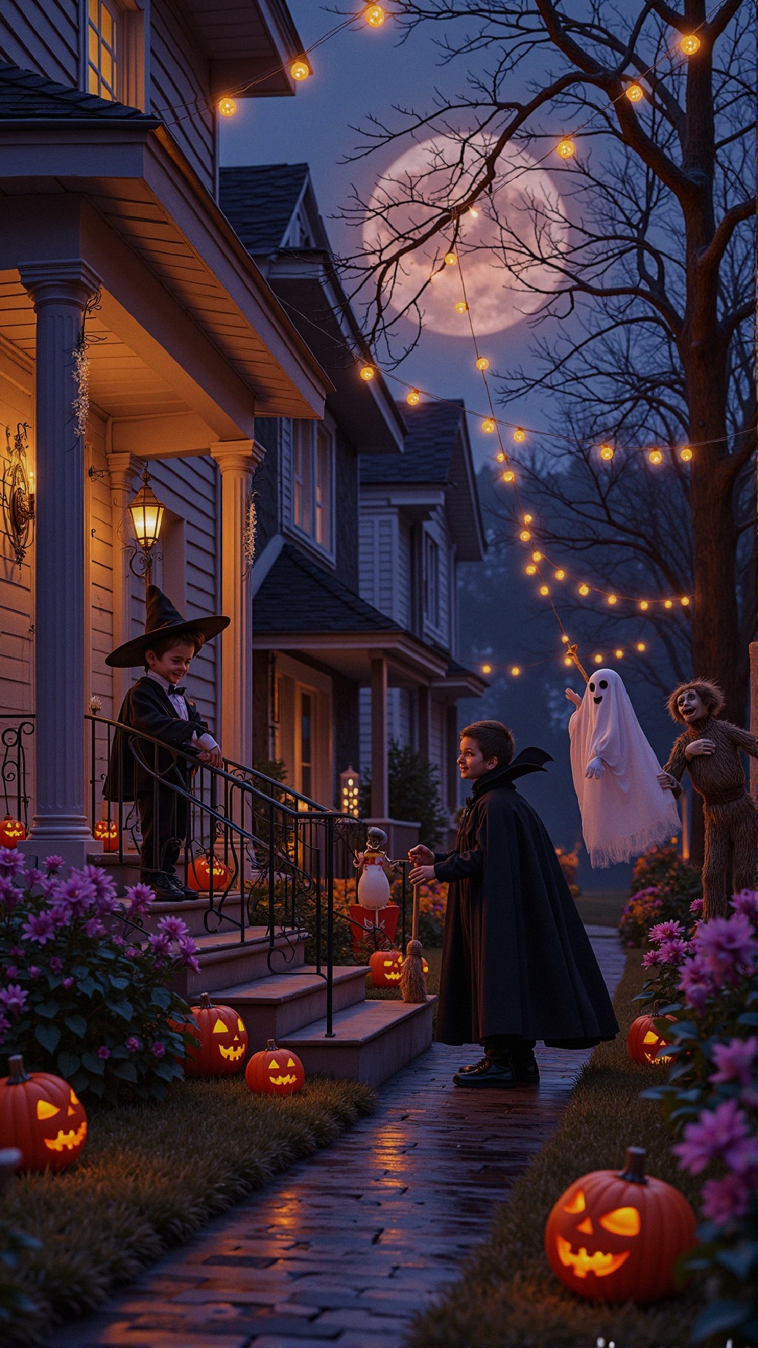 Halloween Scene with Costumed Children and Decorations