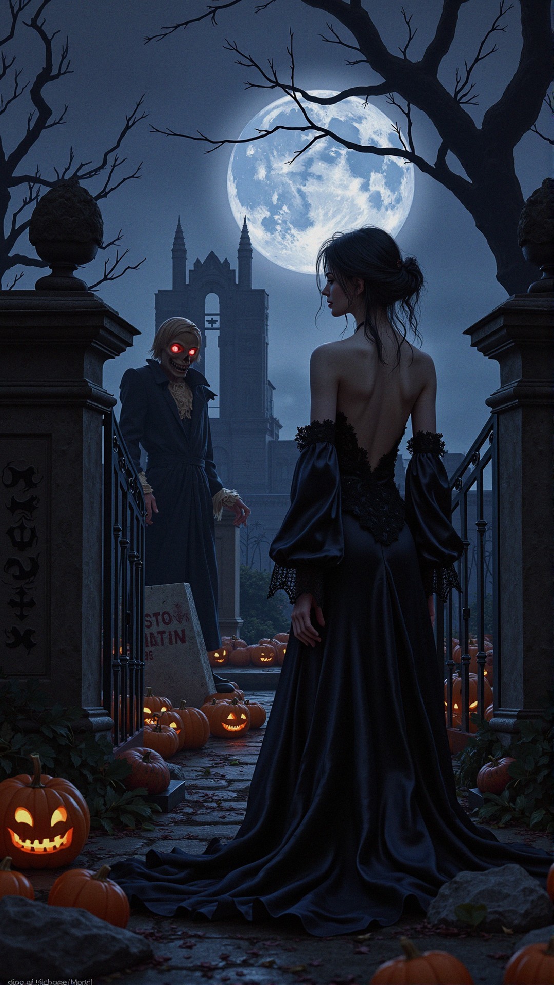 Woman in Black Gown at Graveyard with Ominous Figure