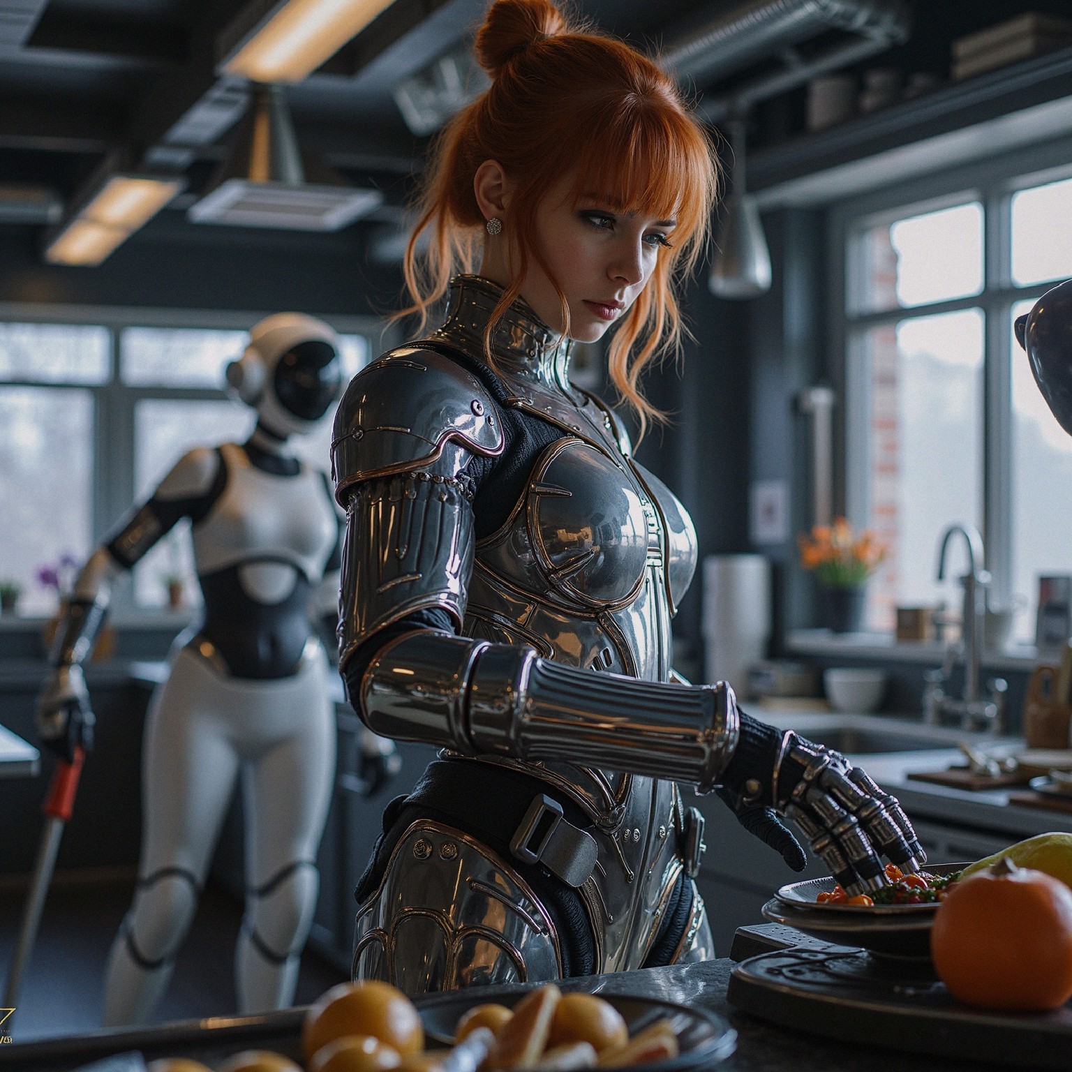 Futuristic kitchen with armored woman and robot observer