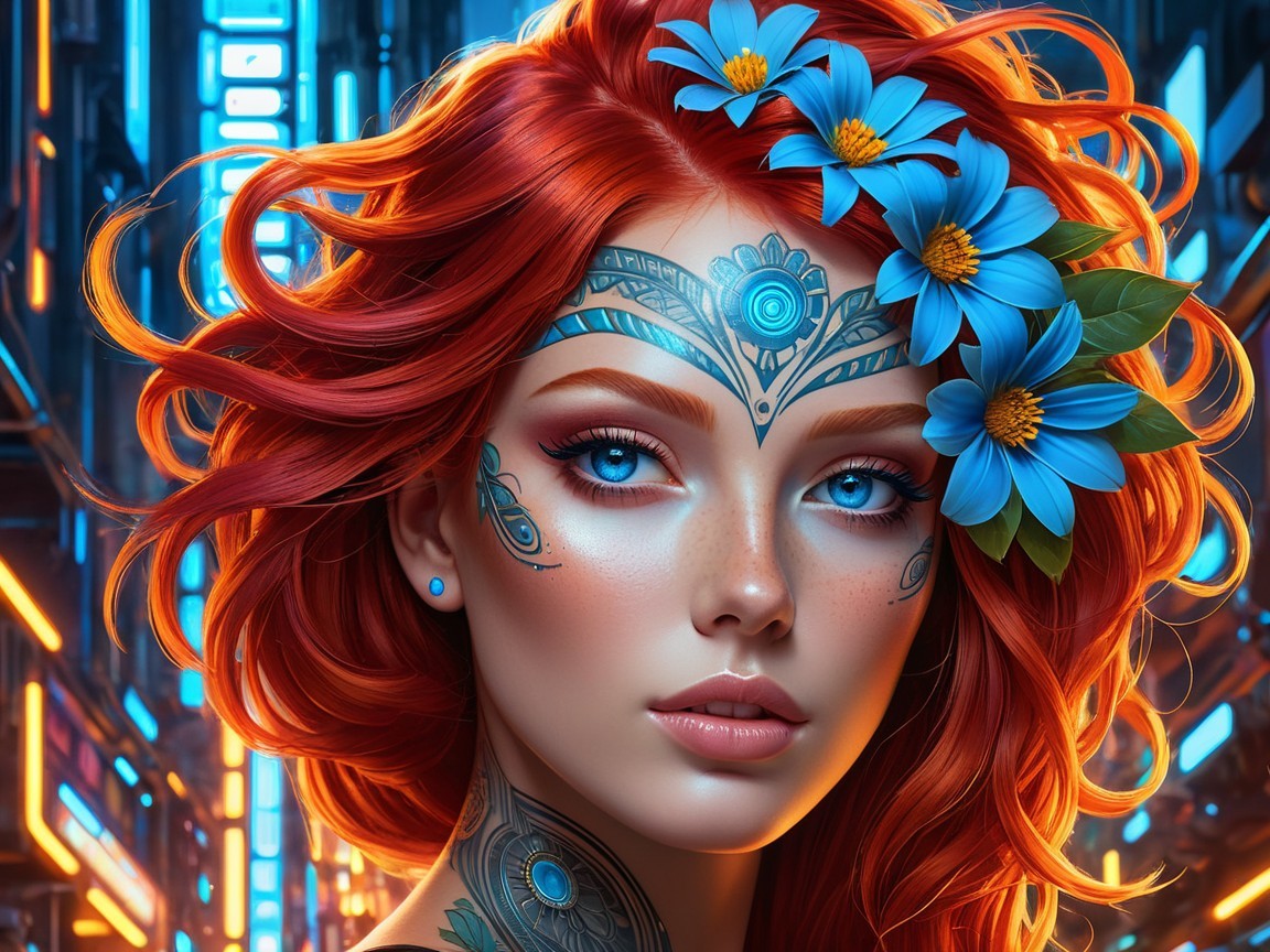 Young woman with red hair and facial tattoos in neon setting