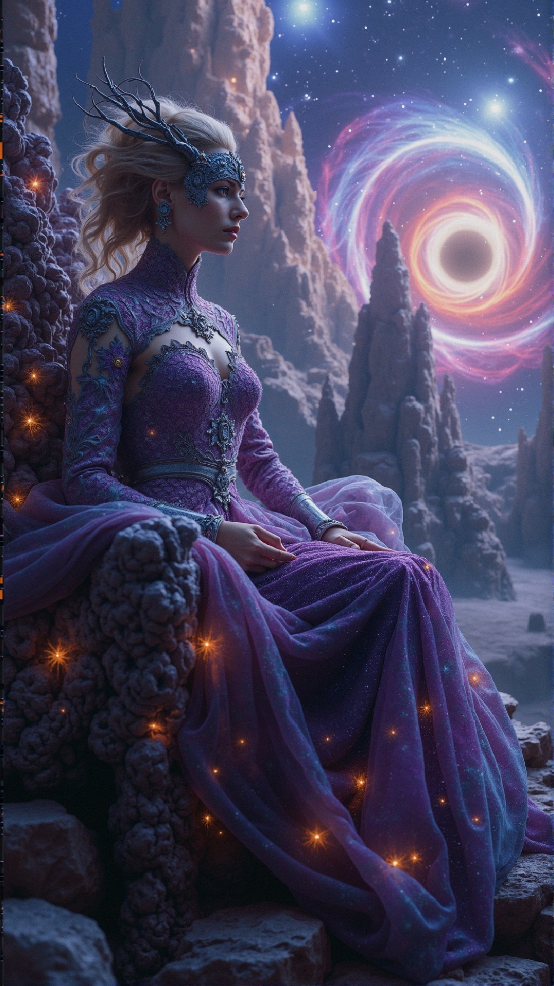 Regal Figure in Purple Gown Amidst Mystical Landscape