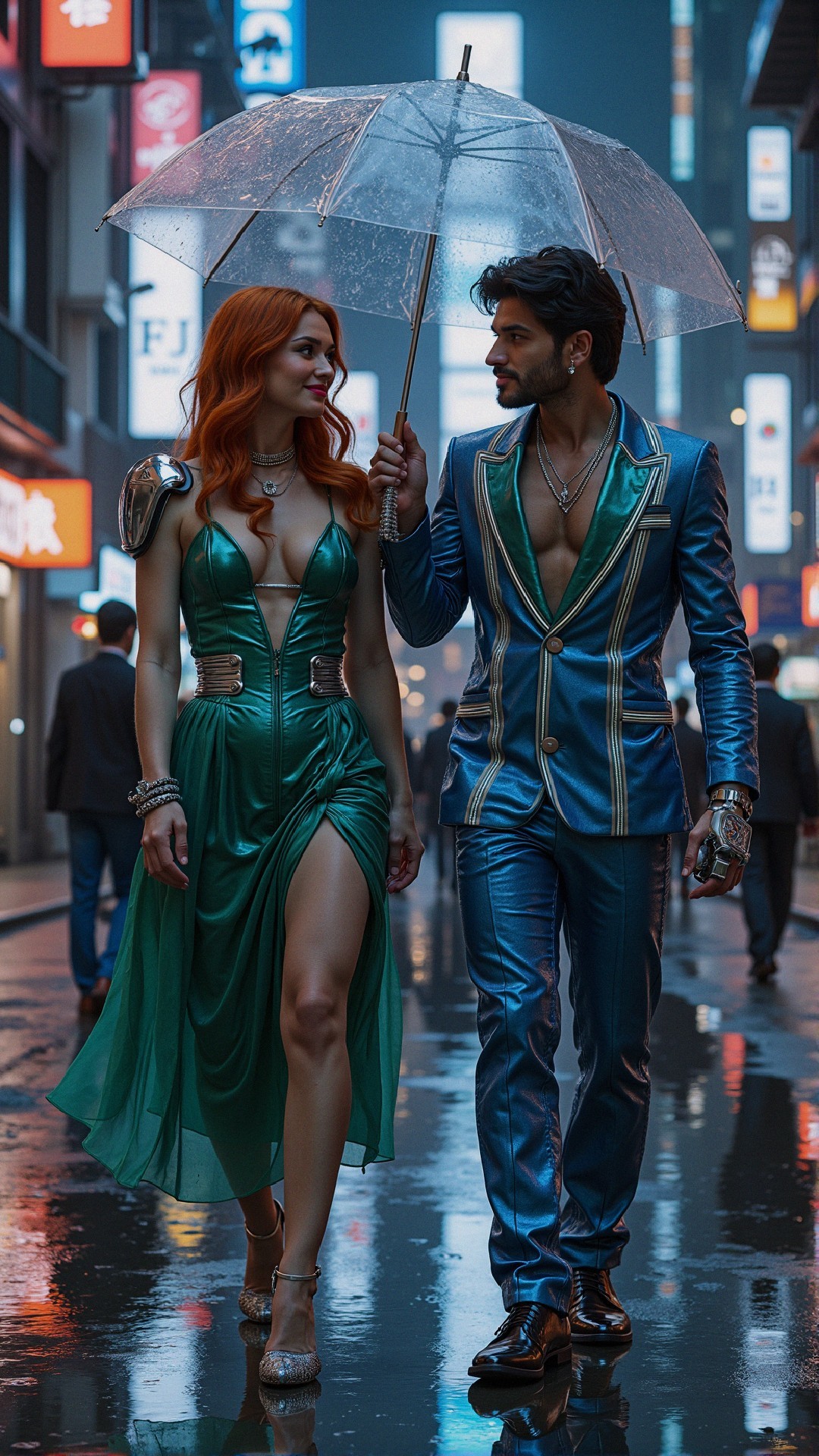 Stylish couple under transparent umbrella in neon city