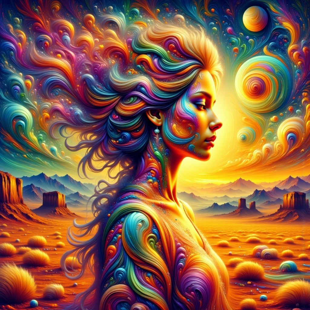 Surreal Landscape with Colorful Hair and Sunset