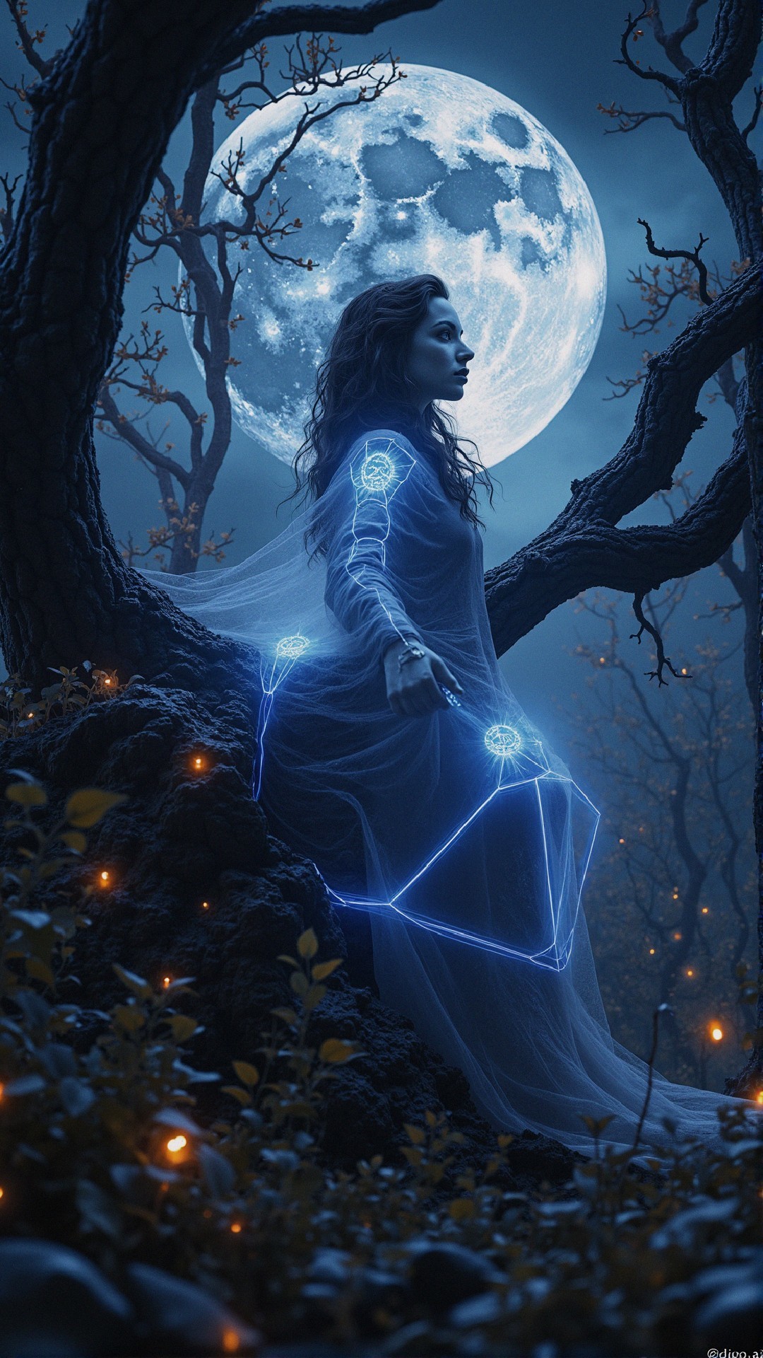 Mystical Woman in Ethereal Fabric Under Moonlight