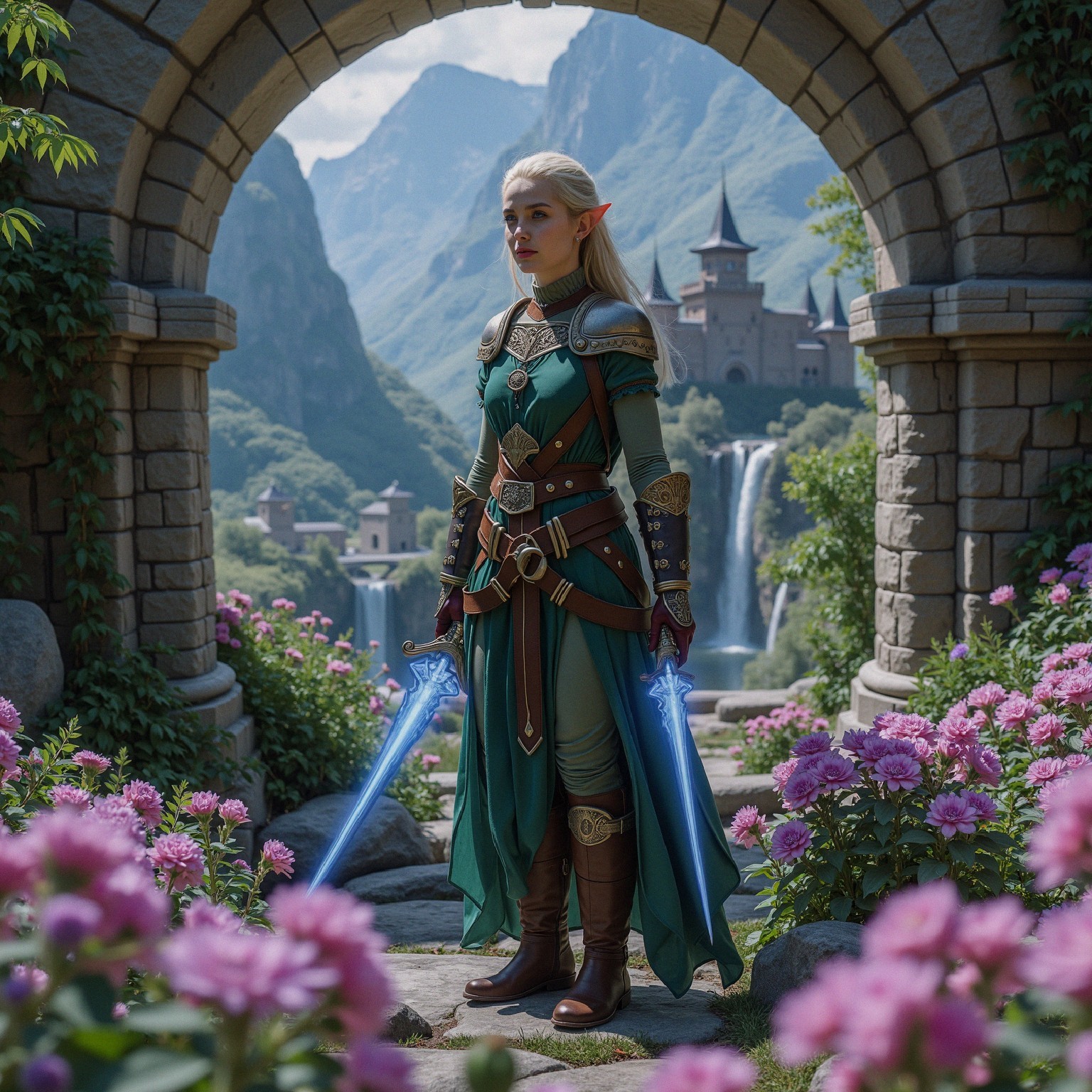 Elf Warrior Under Archway with Blooming Flowers