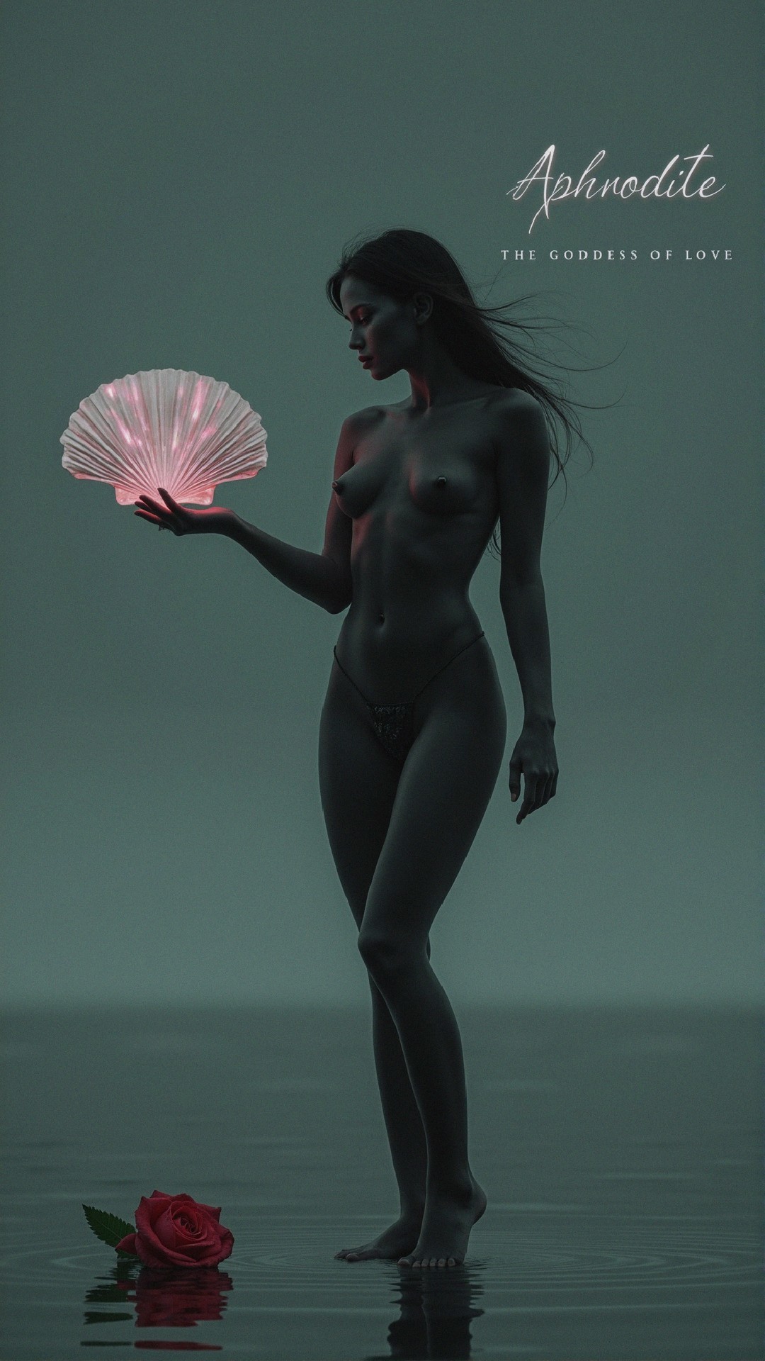 Silhouette of a Woman in Shallow Water with Shell