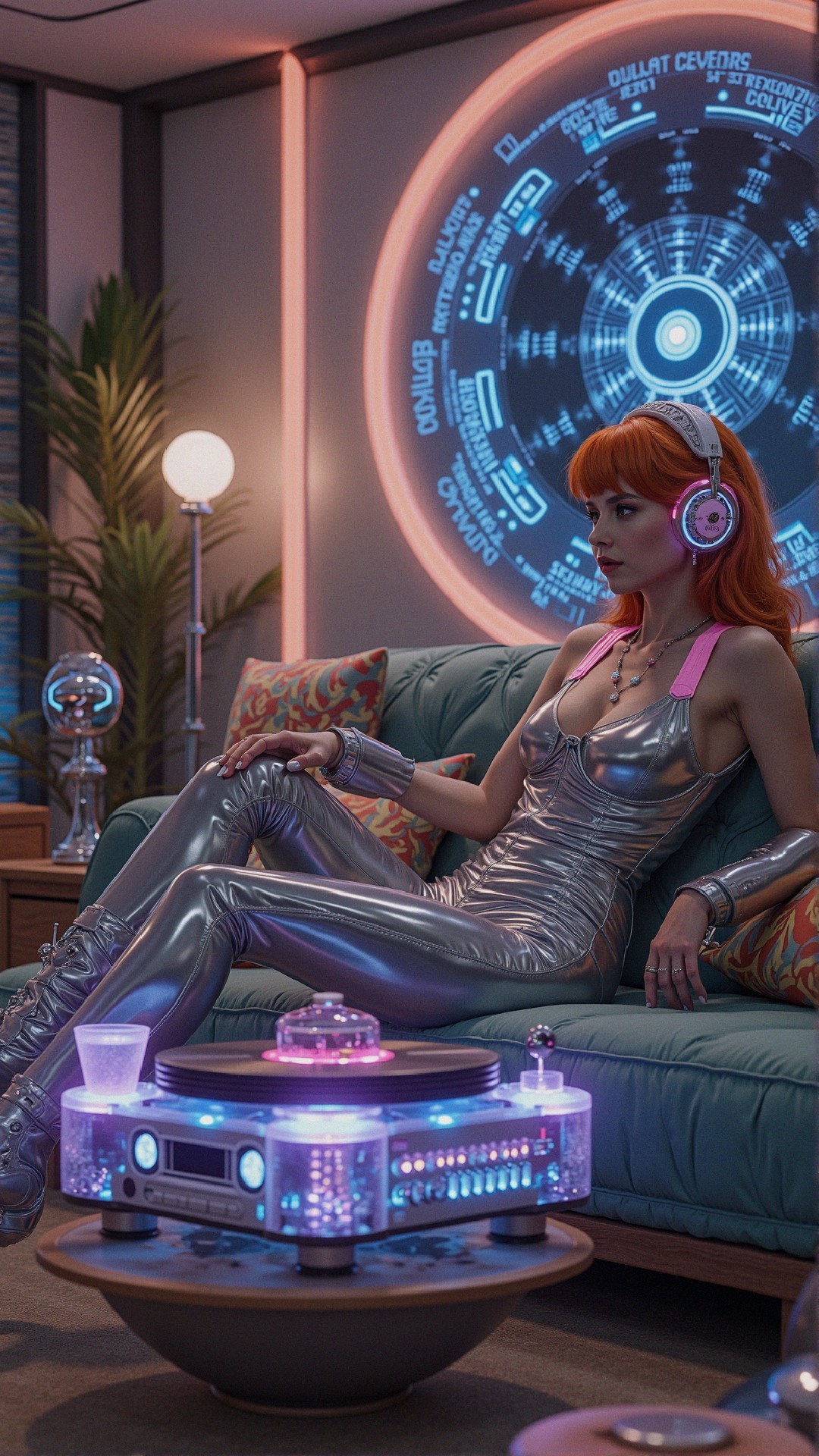 Futuristic Scene with Woman in Metallic Outfit and Headphones