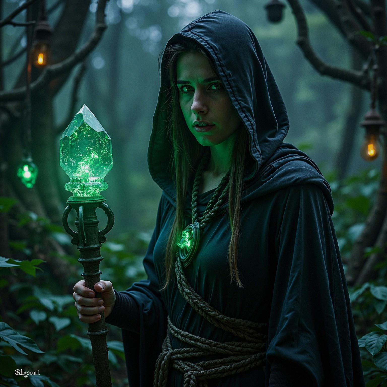 Cloaked Figure with Crystal Staff in Enchanted Forest