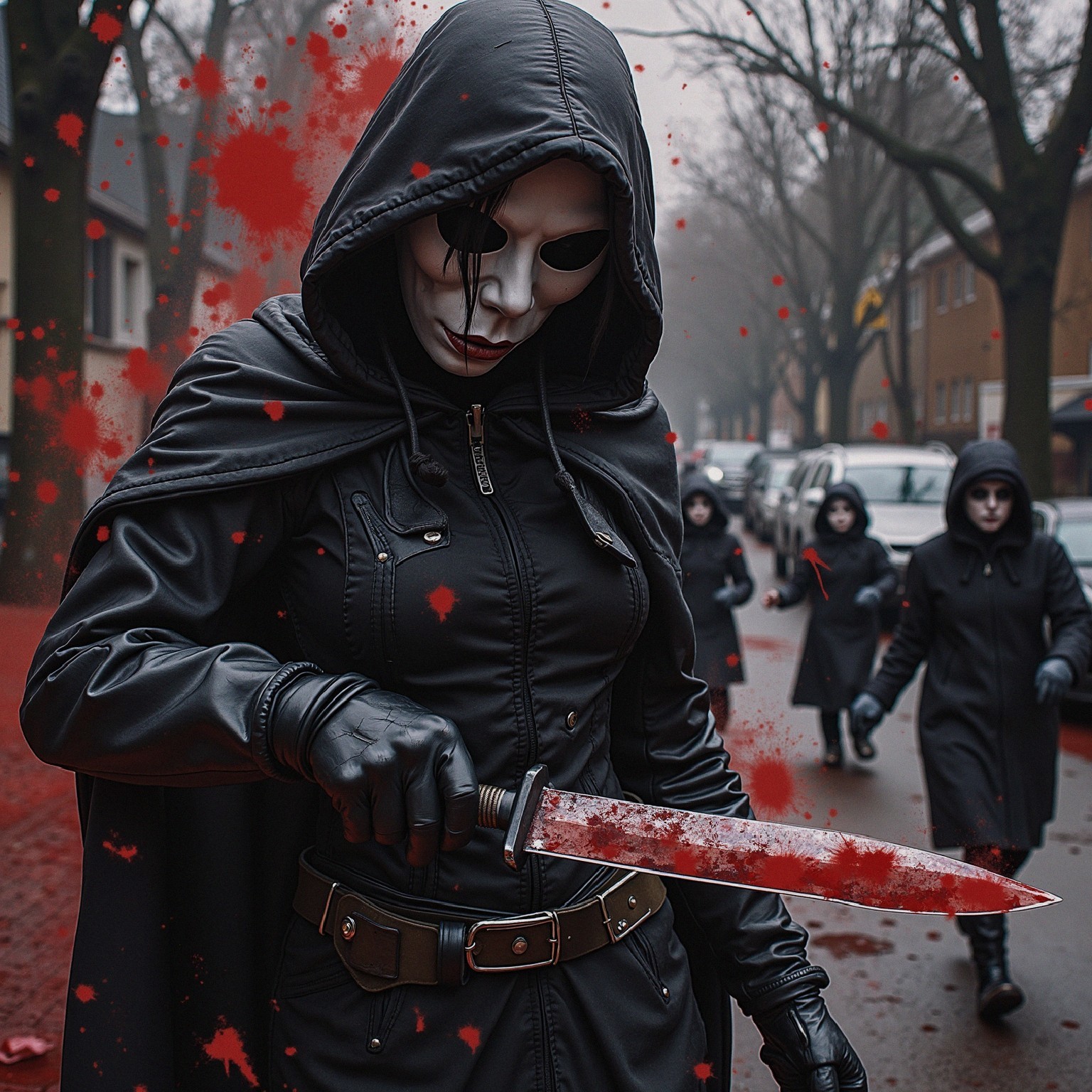 Mysterious Figure in Foggy Urban Setting with Knife
