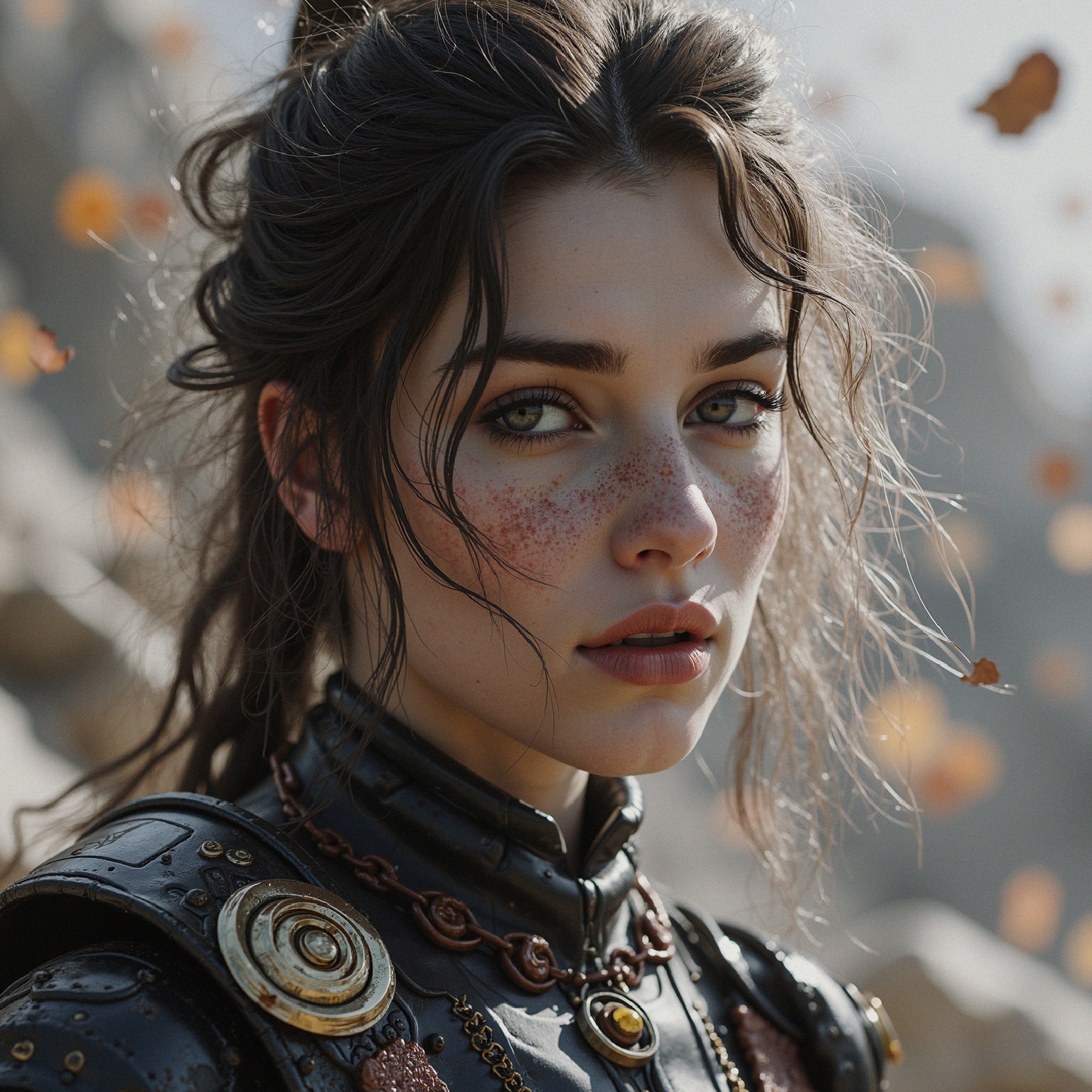 Young woman in dark armor with autumn backdrop