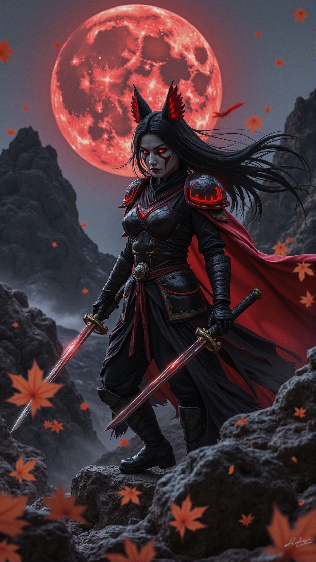 Fierce warrior on rocky terrain under red moonlight