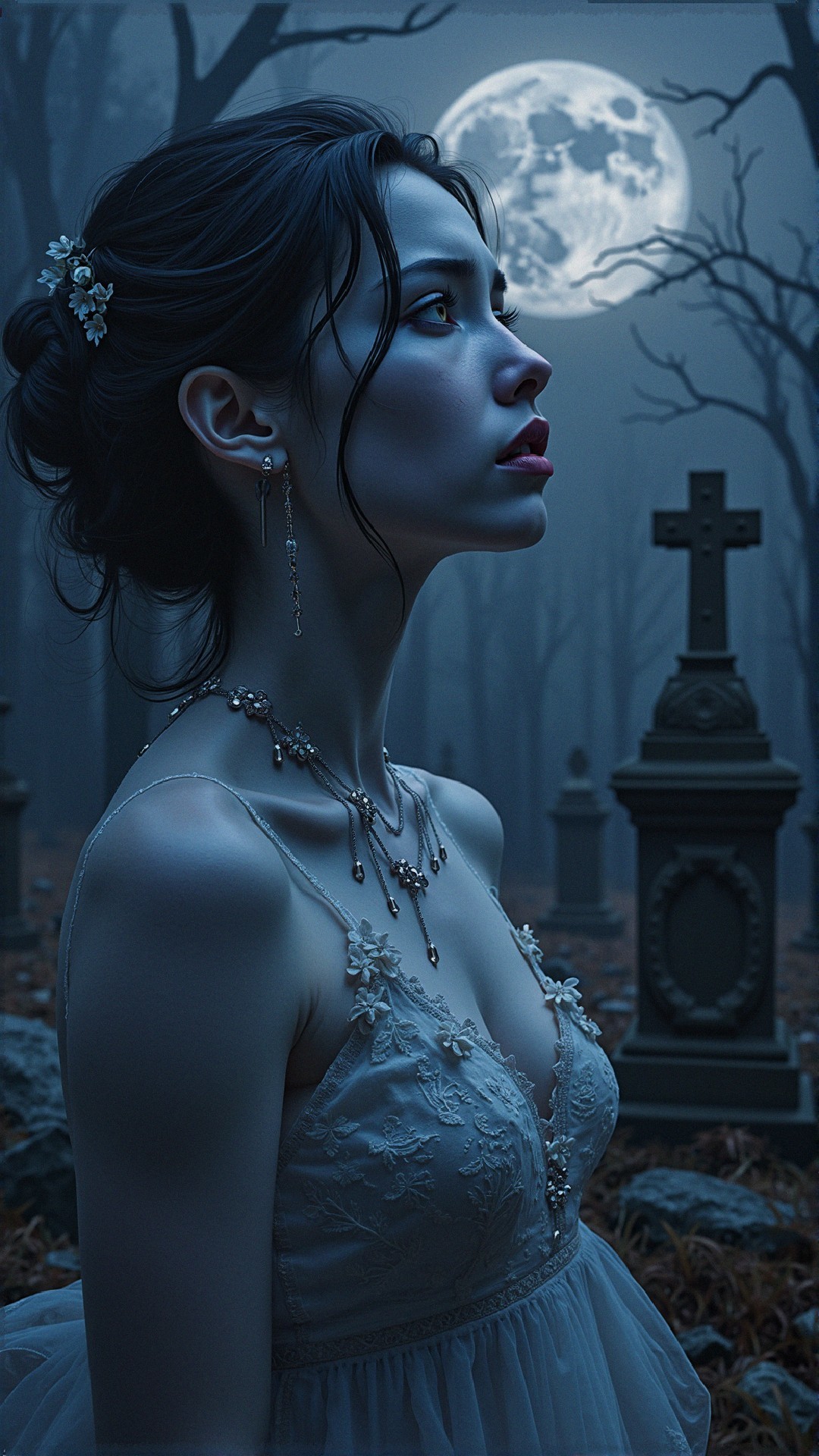 Young Woman in Misty Graveyard Under Moonlight