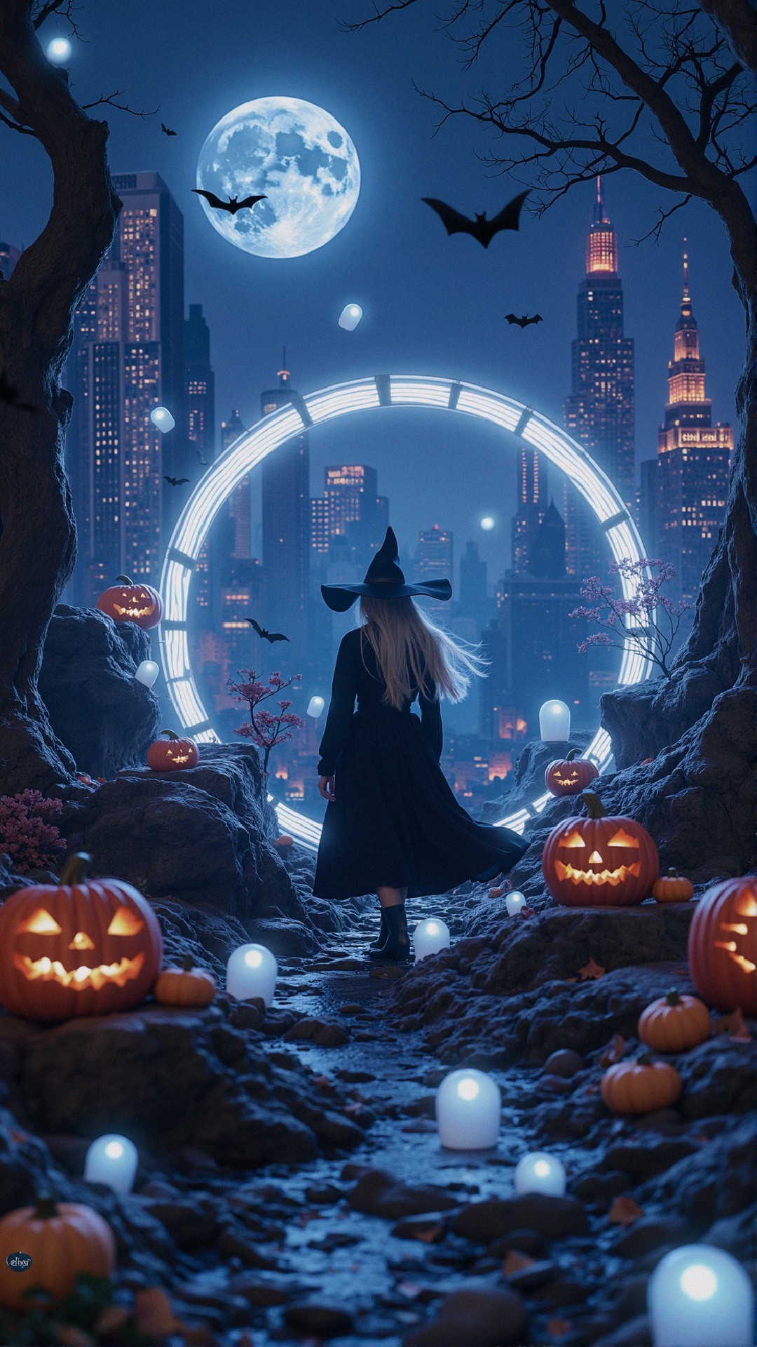 Mysterious Landscape with Witch and Glowing Portal
