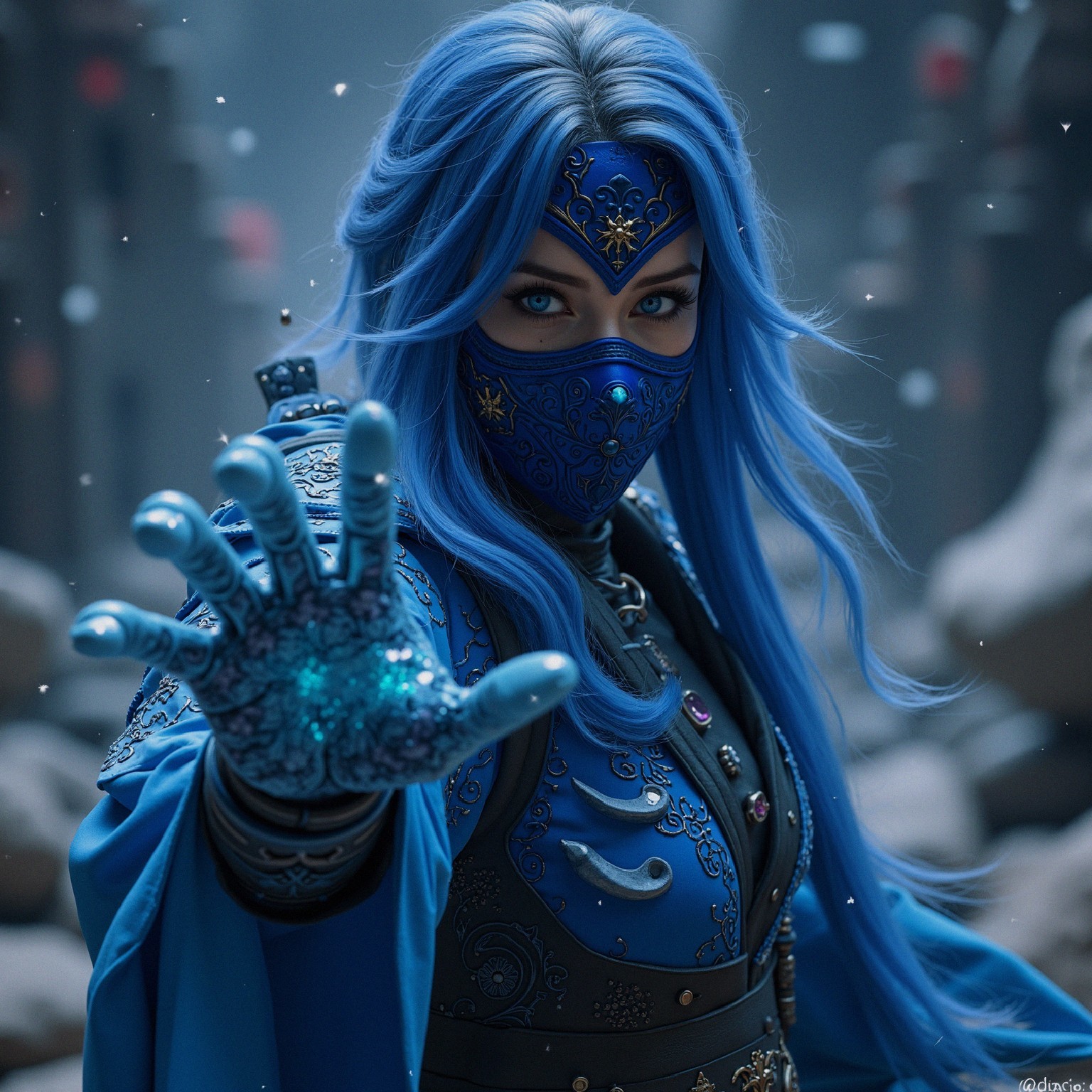Mystical Figure in Vibrant Blue Costume and Snowfall