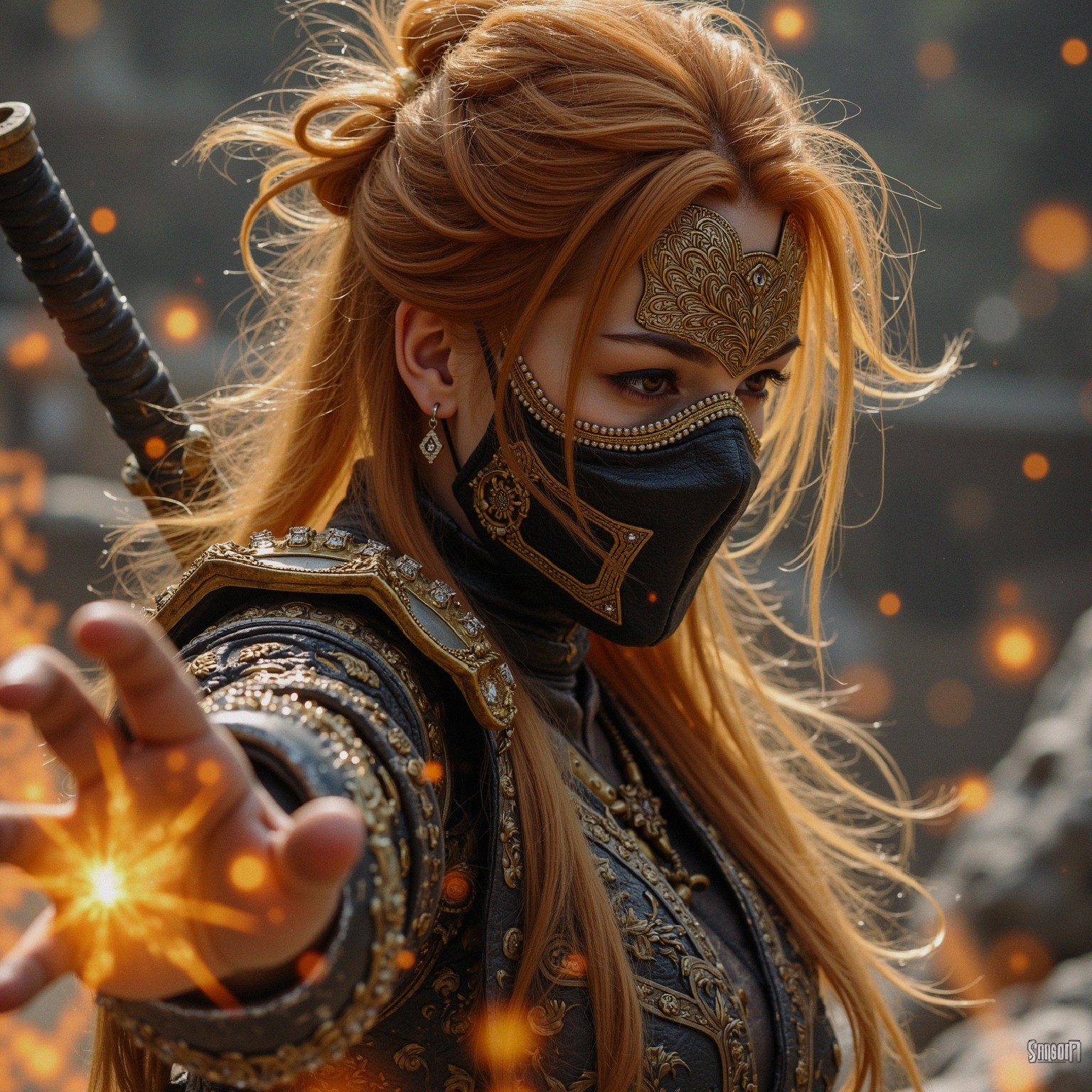 Fierce warrior in intricate armor with flowing hair