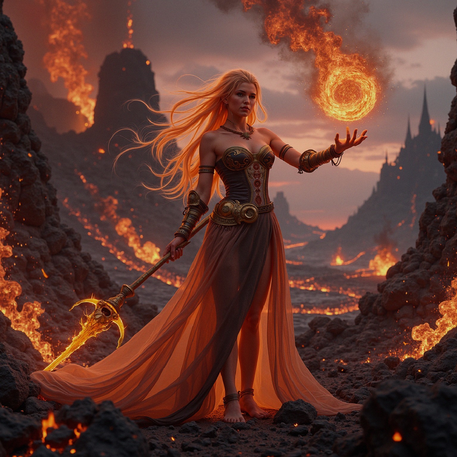 Sorceress in Volcanic Landscape with Flowing Hair