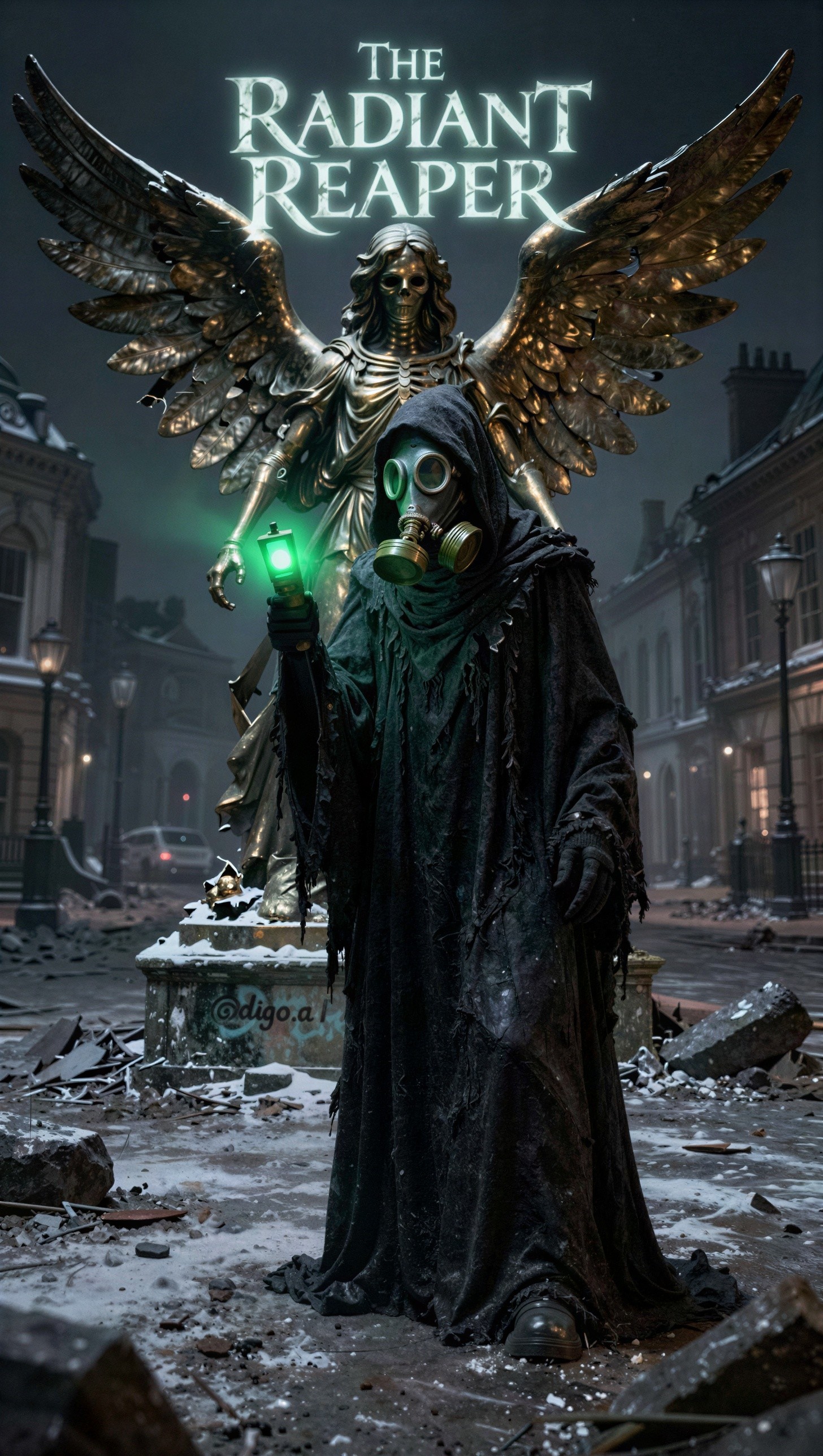 Dark Figure with Lantern in Post-Apocalyptic Setting