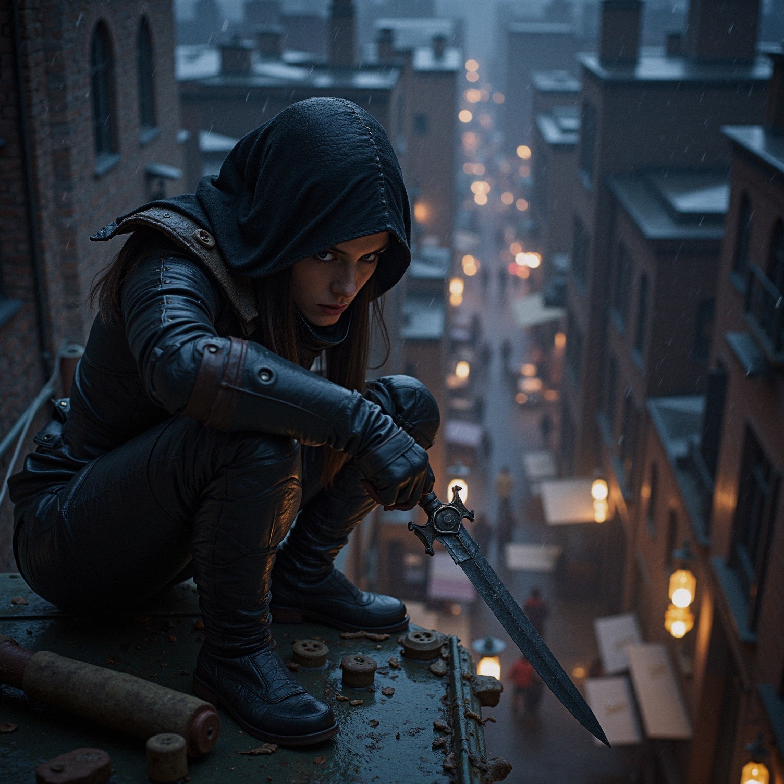 Stealthy Figure on Rooftop Overlooking Urban Alley