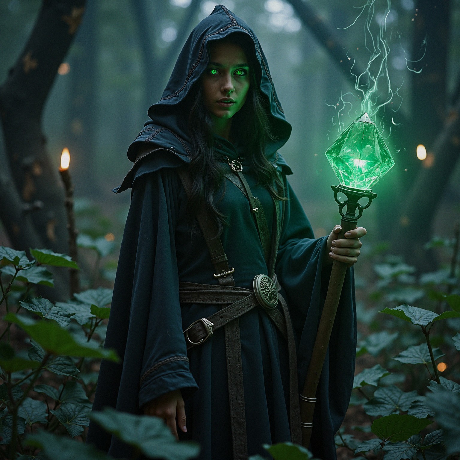 Young figure in hooded cloak with glowing crystal staff