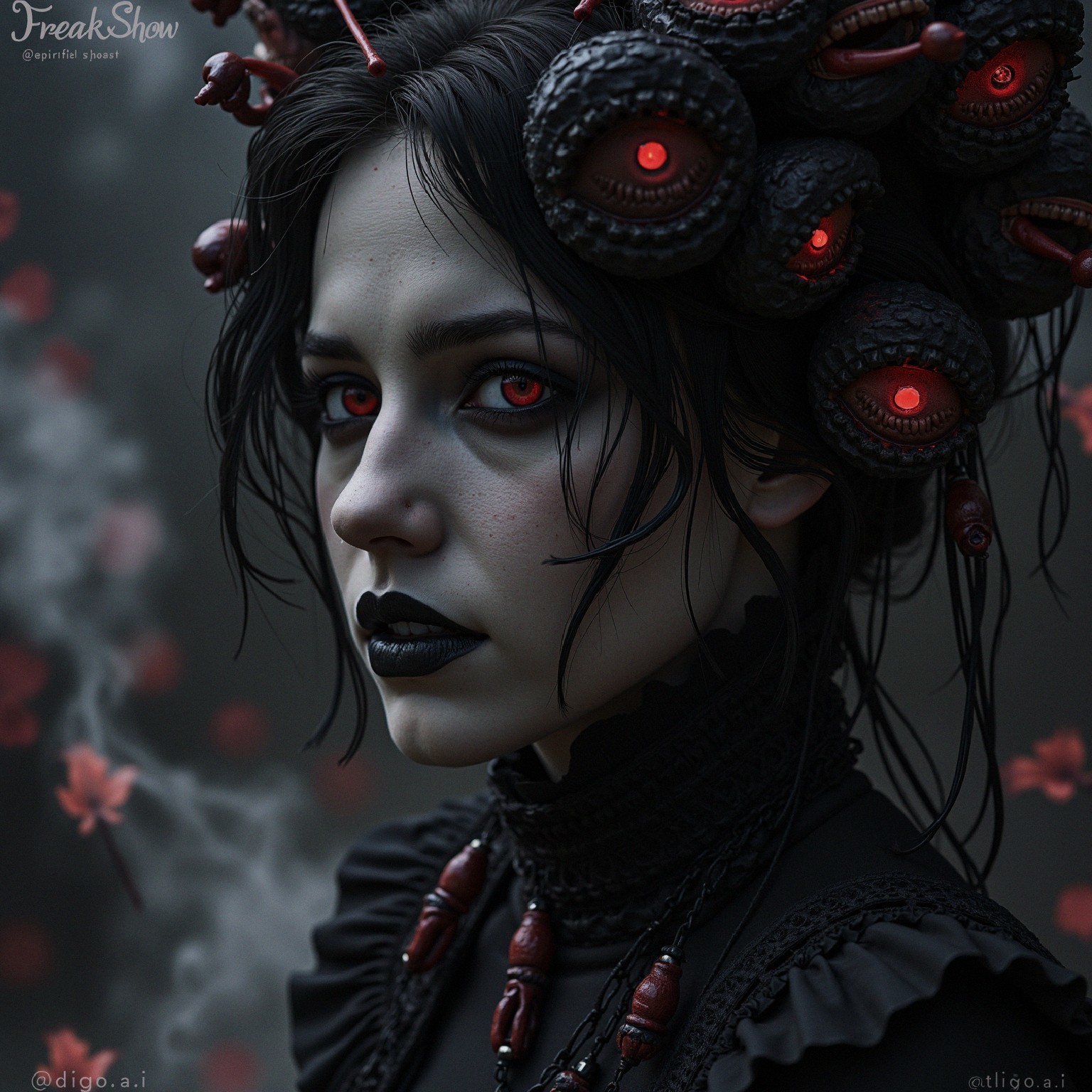 Gothic Figure with Dramatic Makeup and Mystical Background
