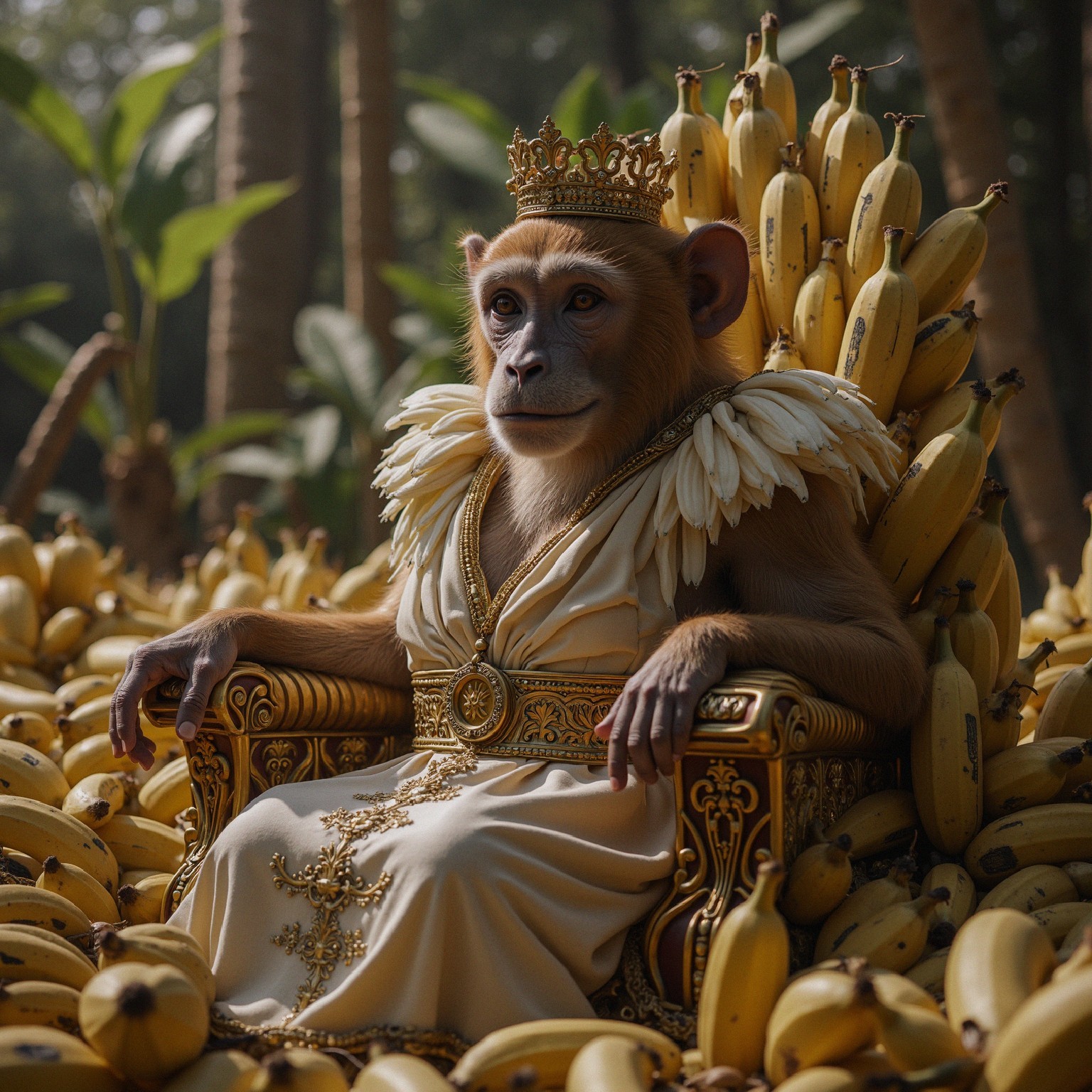 Regal monkey on ornate throne with bananas and greenery