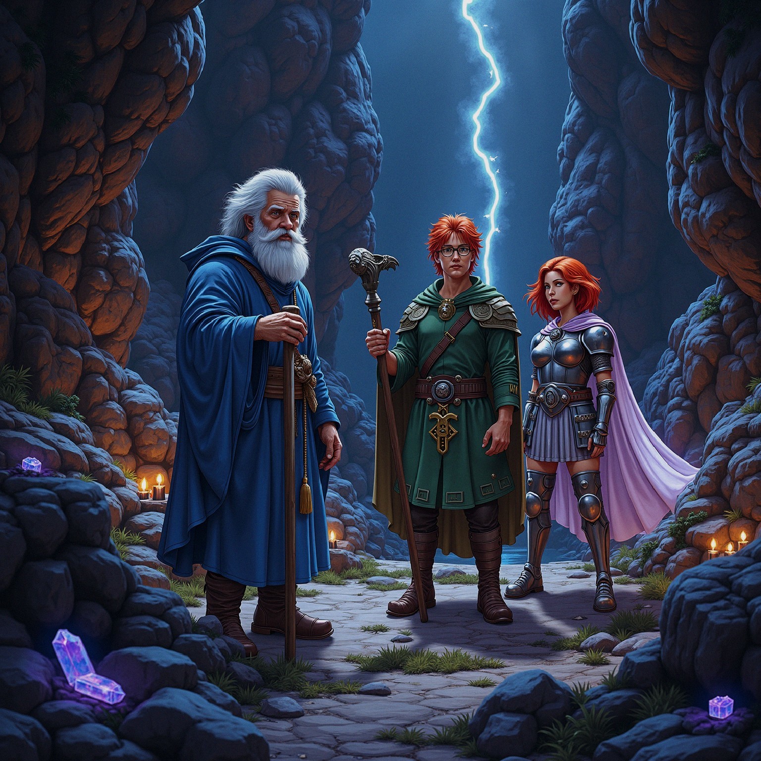 Adventurers in a Mystical Cave with Glowing Crystals