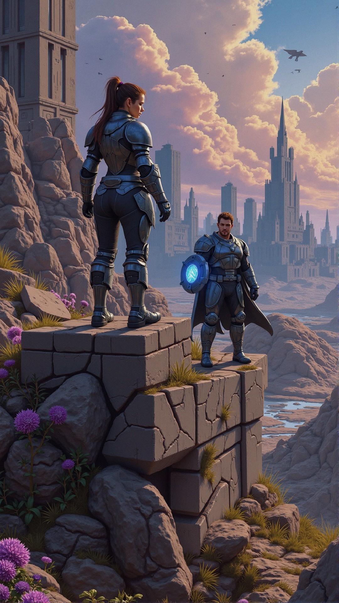 Armored Figures Overlooking Futuristic Cityscape