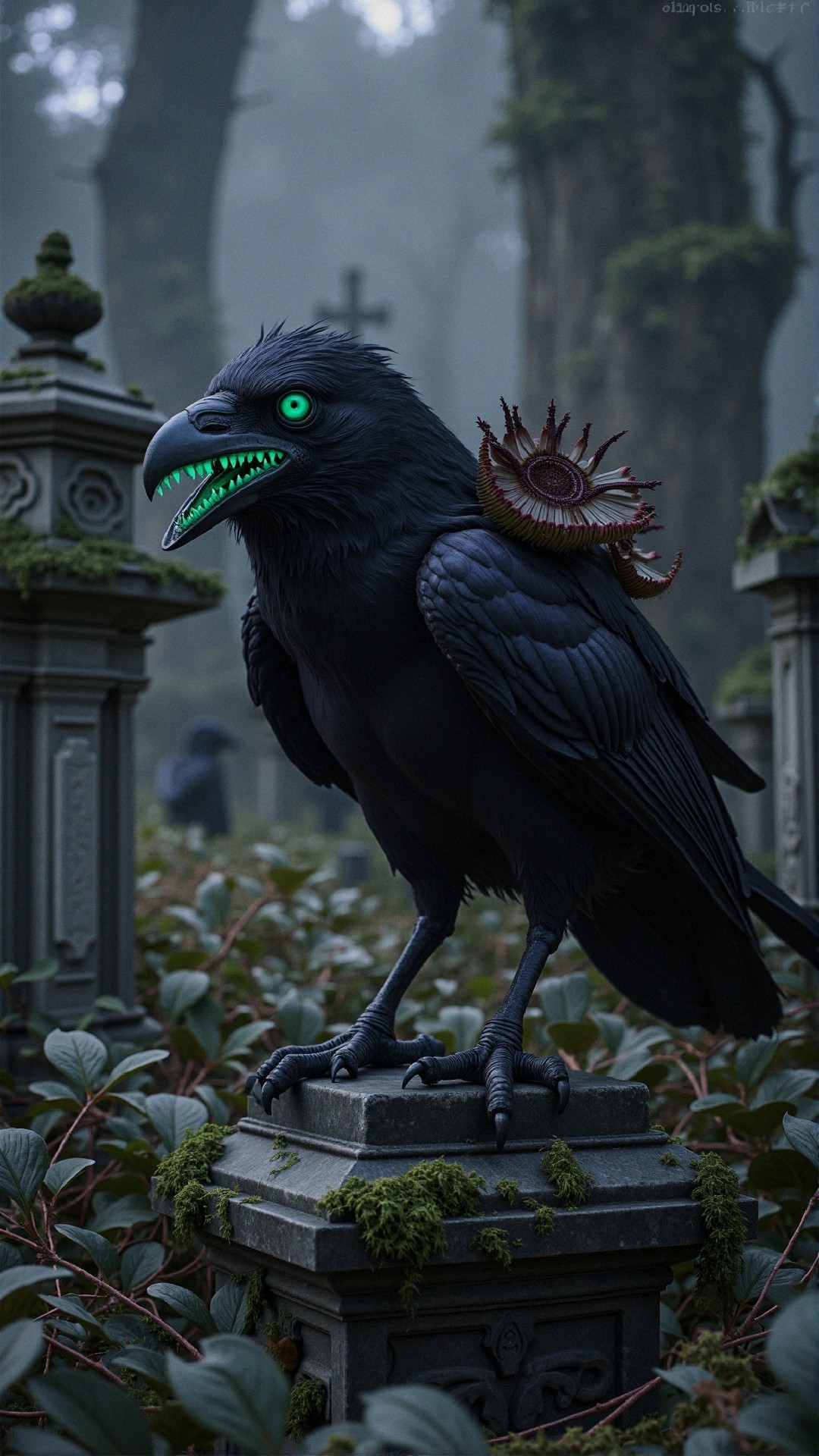 Black Raven on Mossy Tombstone in Misty Graveyard