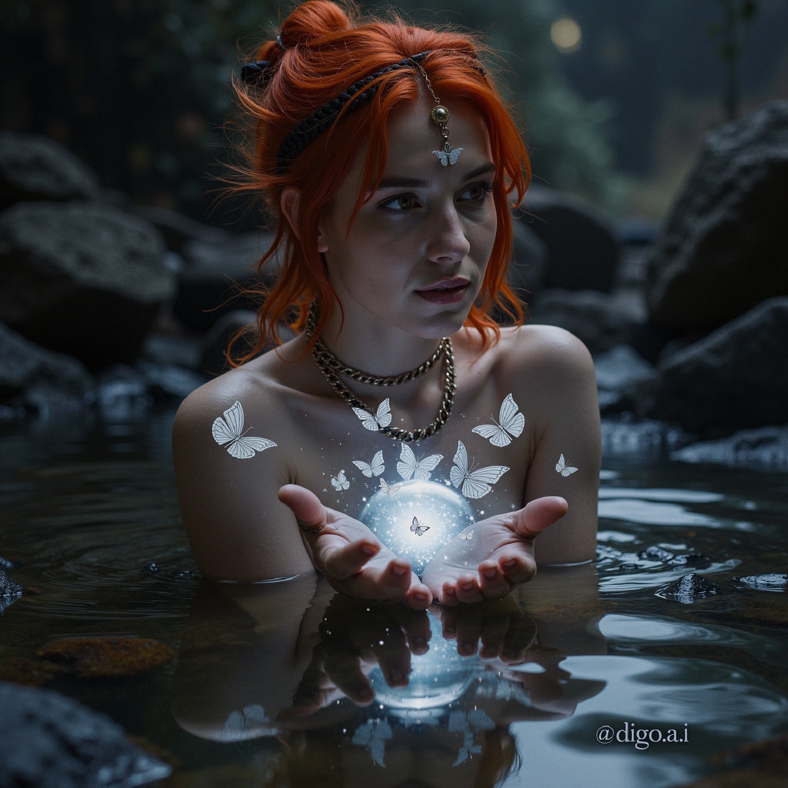 Woman with Red Hair in Tranquil Pool with Butterflies