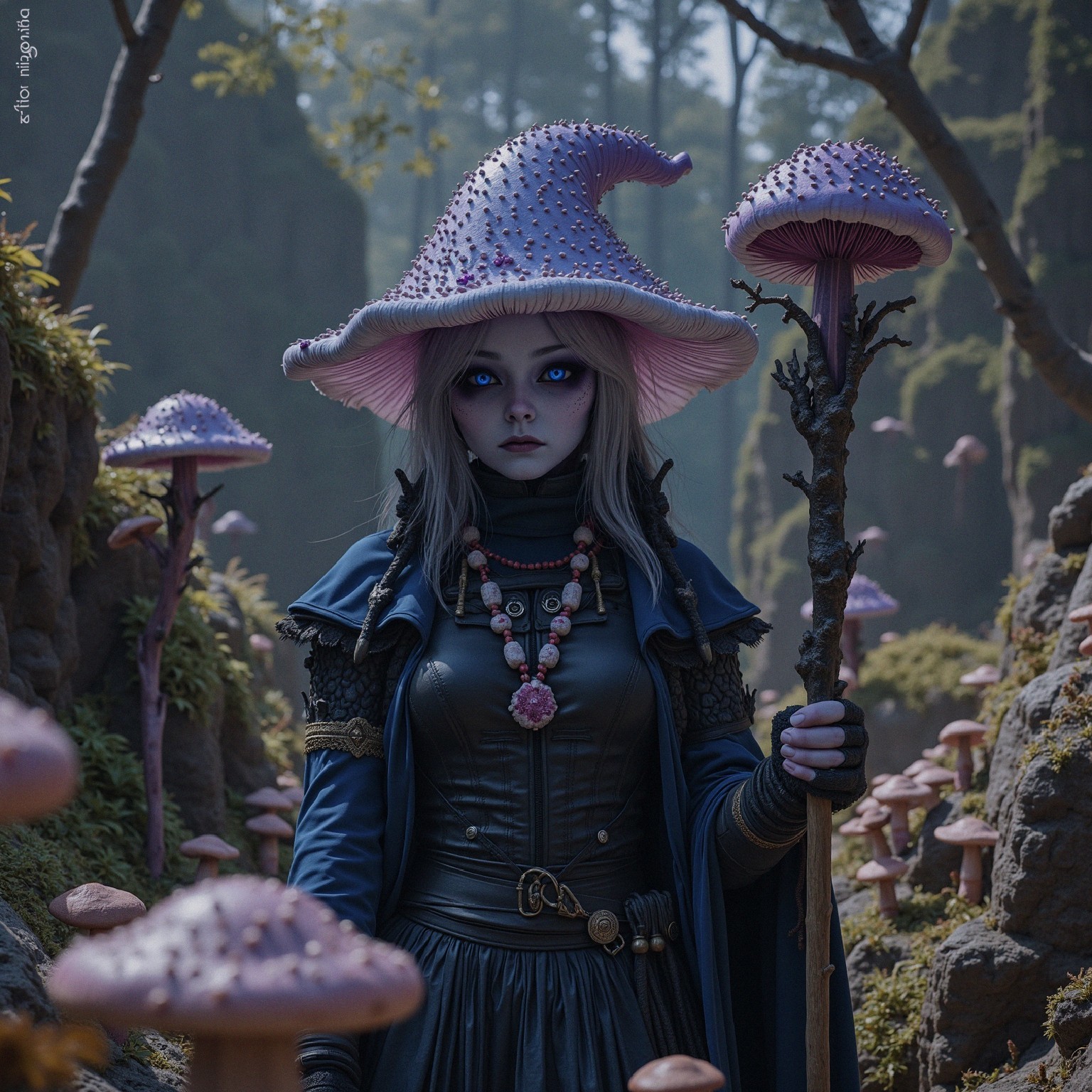 Young Sorceress in Enchanting Forest with Mushrooms