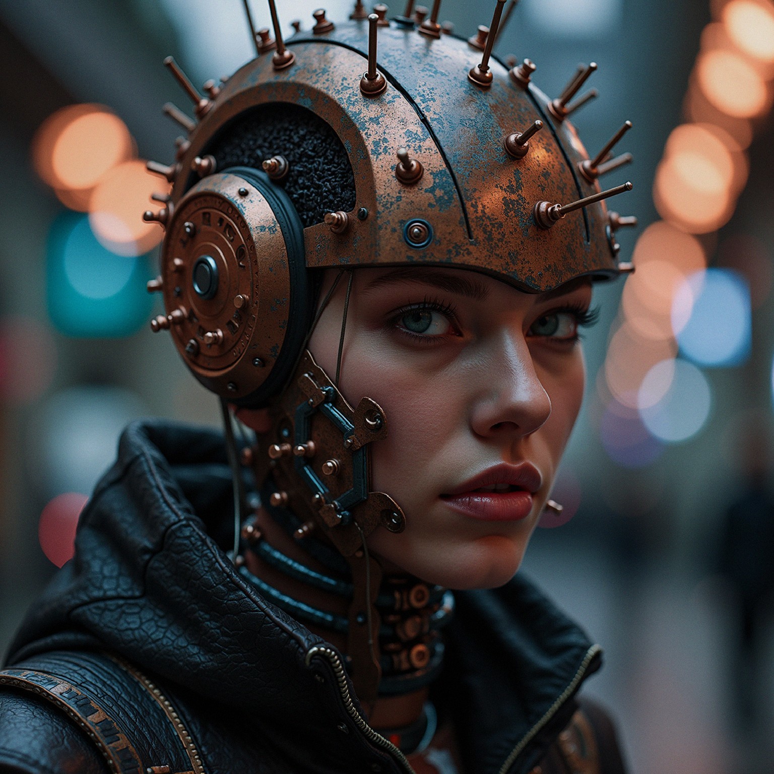 Futuristic Female Figure in Steampunk Helmet Design