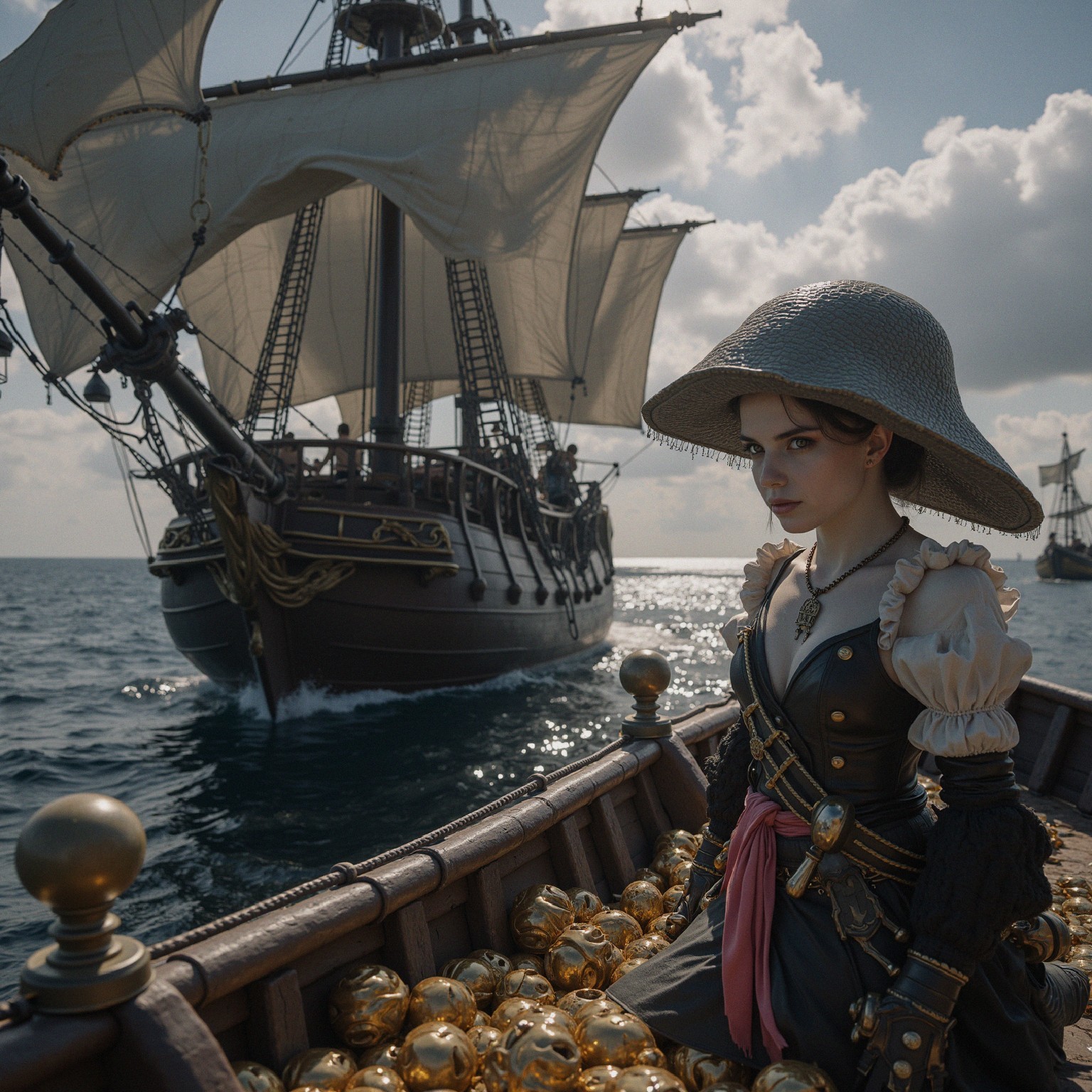 Young Woman in Pirate Outfit with Treasure at Sea