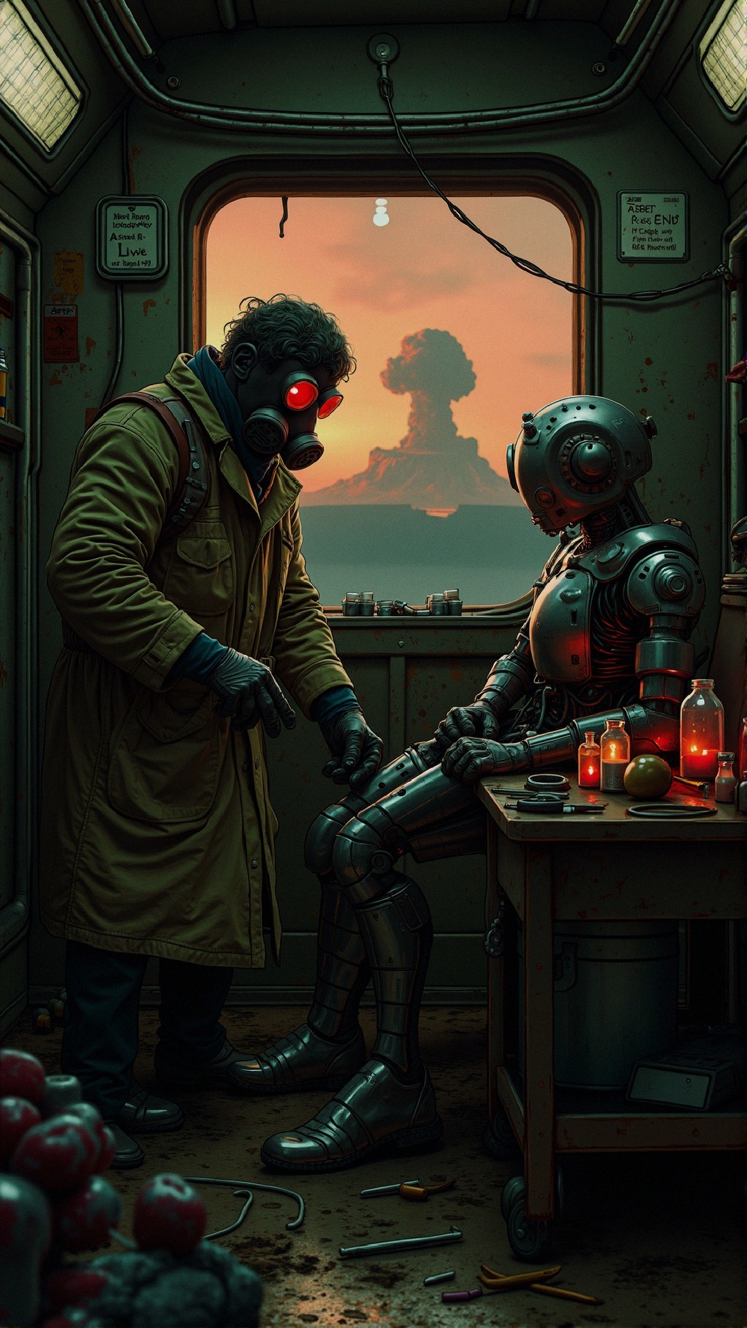Gas Mask Figure and Robot in Dimly Lit Room