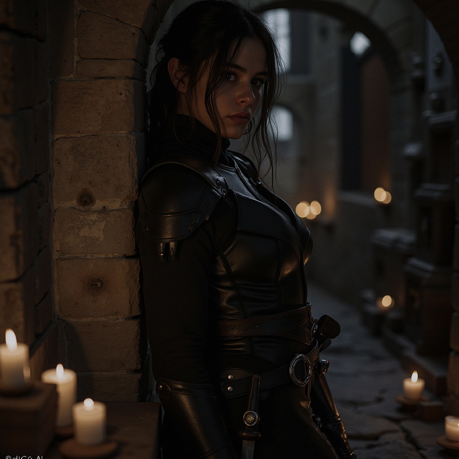 Young woman in leather outfit in candlelit chamber