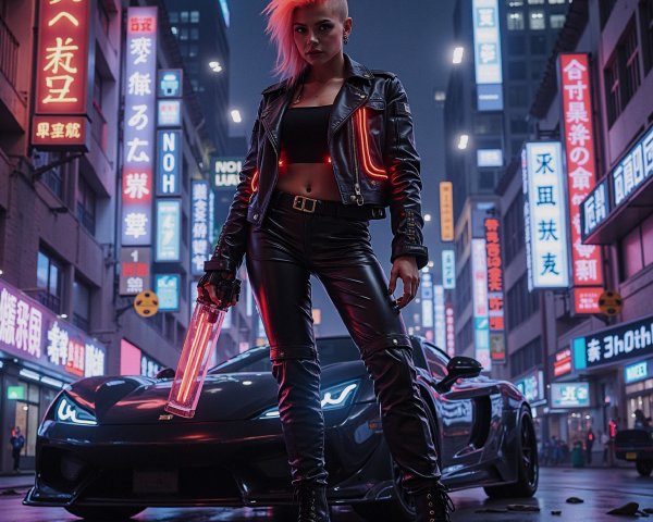 Punk Style Figure in Neon Cyberpunk City Scene