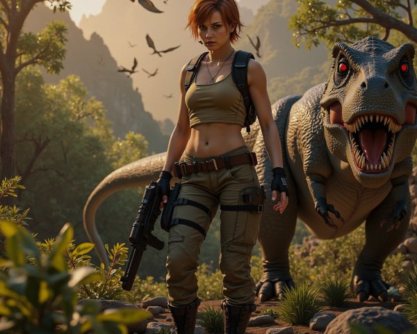 Fierce Female Warrior in Prehistoric Landscape