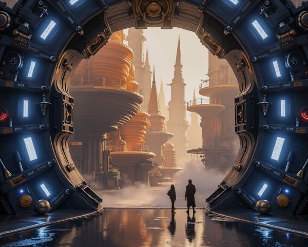 Futuristic Portal with Cityscape and Silhouetted Figures