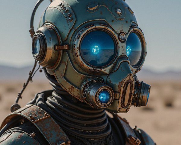 Futuristic Steampunk Robot in Desert Landscape