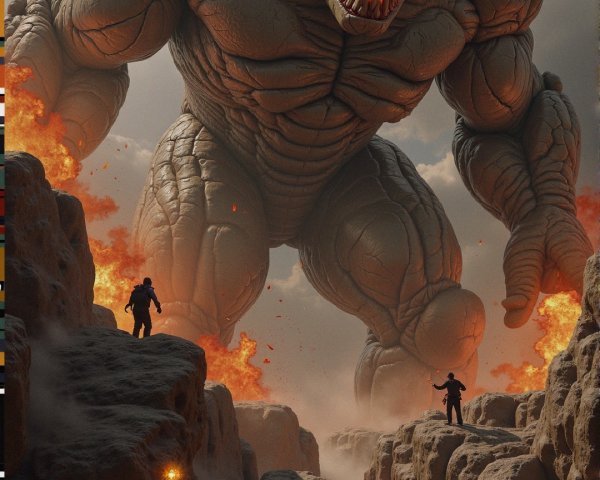Colossal Monster Overlooks Dramatic Rocky Landscape