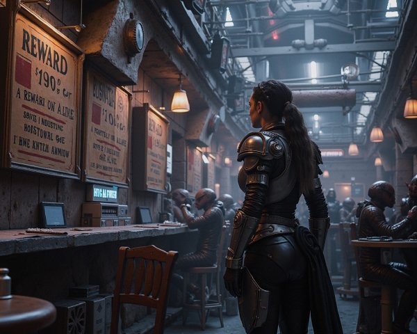 Futuristic Armor in Gritty Alleyway Bar Scene