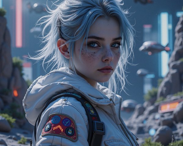 Young woman in futuristic landscape with neon elements
