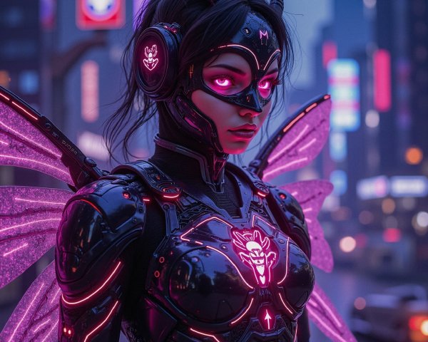 Cyberpunk Figure in Neon Cityscape with Armor