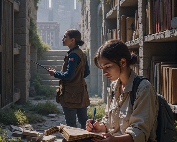 Women in Overgrown Library Ruins with City Skyline