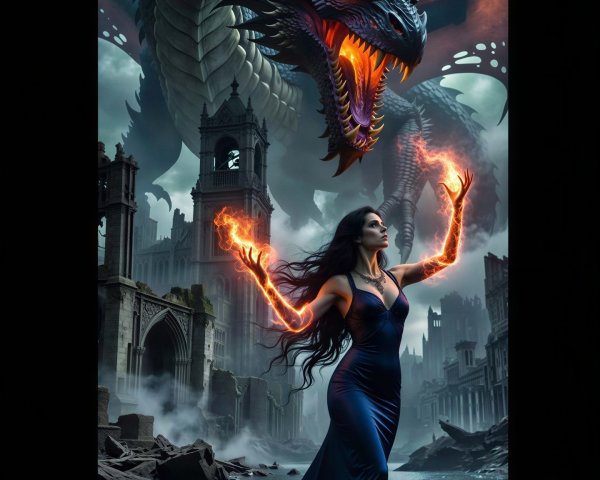 Fantasy Portrait of Woman with Dragon in Ruined City