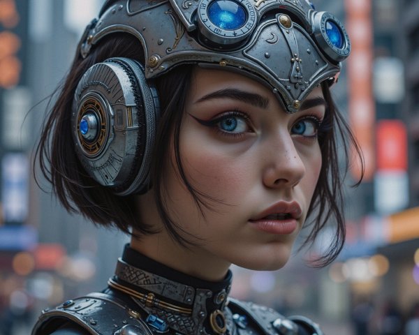 Young Woman in Steampunk Attire Against Urban Backdrop