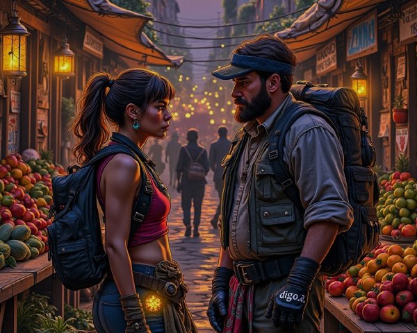Adventurers in a Sunset Market Surrounded by Stalls