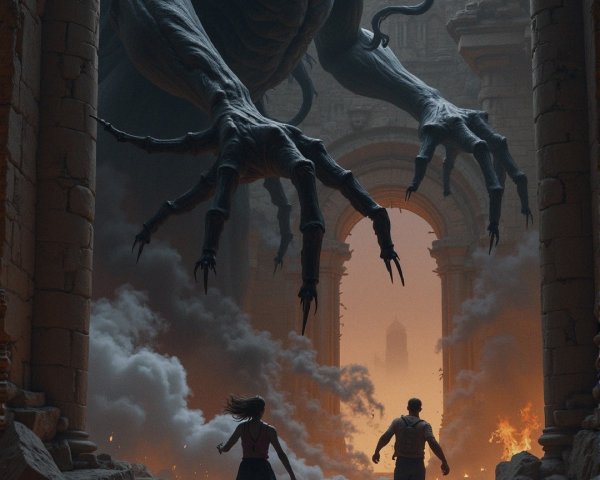 Shadowy Creature in Dark Archway with Flames